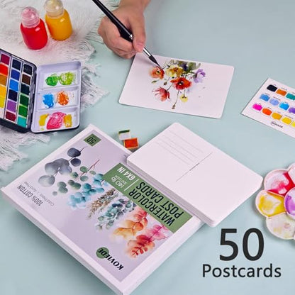 KOVIEDE 50 Sheets 4x6 Watercolor Postcards, 140lb/300gsm 100% Cotton Blank Postcards Water Color Paper Cards Art Supplies Great for Coloring, Mailing, Valentines, Greeting Cards
