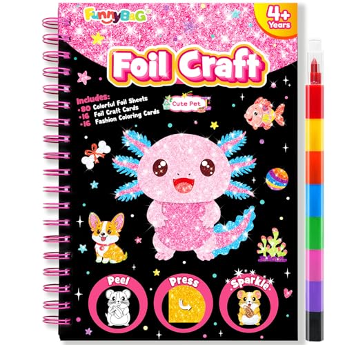FUNNYB&G Foil Art Craft Kit for Girls 4-10 Years Old: Mess-Free & No-Glue, Create 16 Sparkly Cute Pet Pictures – Perfect Travel Toy & Birthday Gift for Kids（Cute Pet） - style: Cute Pet