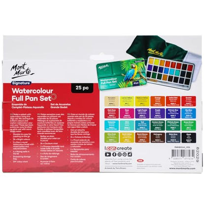 Mont Marte Watercolor Full Pan Set Signature 25pc, Watercolor Paint Set Featuring 24 Full Pan Colors and Round Brush, Includes Study Travel Tin and Four Mixing Wells
