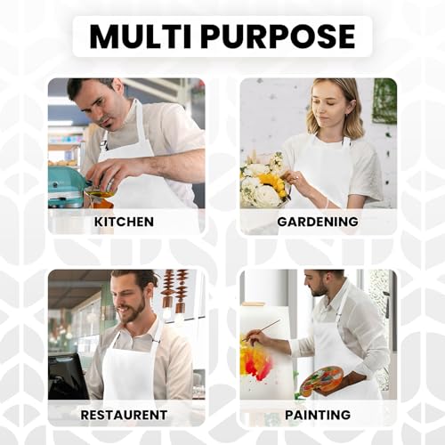 Adjustable Bib Apron 100% Polyester Kitchen Aprons Waterdrop Resistant Aprons with Adjustable Strap, Pockets & Long Ties - color: White, style: Pack of 2