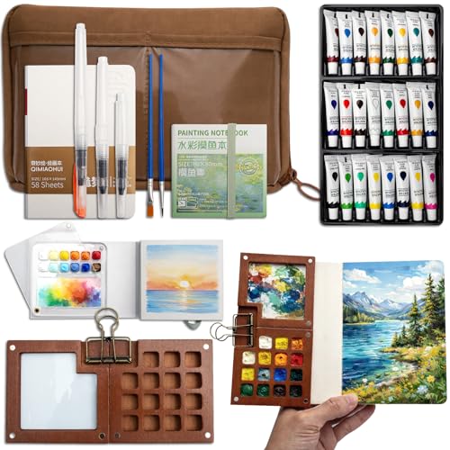 Mini Paint Travel Set, Acrylic Paint 24 Colors, Pocket Palette, Water Brush Pens, Small Workbook, Portable Painting Storage Bag Kit, Art Supplies for Beginners