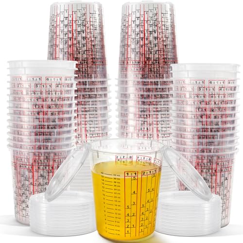 Yesland 30 Pack Paint Mix Cups with Lids, 32 Ounce Plastic Paint and Epoxy Mixing Cups with Calibrated Mixing Ratios on Side of Cup, for Paint, Activators, and Thinner