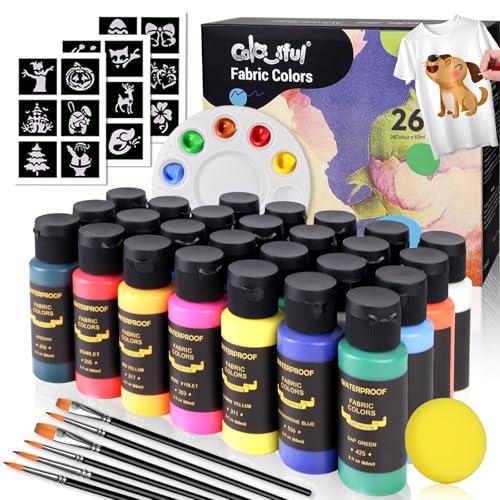 Colorful Fabric Paint Set for Clothes, with 6 Brushes,1 Palette, 26 Colors Permanent Child Safe & Non- Toxic Fabric Paint Kit for T-Shirt, Bags and Cloth Shoes - color: 2 Fl Oz (Pack of 26)