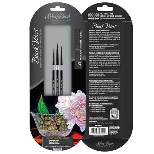Silver Brush Limited WC-3204s Black Velvet Watercolor Round Set, Set of 3, Sizes 0, 2, and 4 Round Paintbrushes, Short Handle - color: Watercolor Round Set, size: 3 Pc