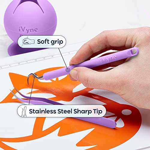 iVyne (8pcs) Premium Vinyl Weeding Tool Kit & Weeding Scrap Collector Soft Grip Tools with Berry, Weeder, Tweezers, Picker Or Hook, and Scraper Set for Silhouette Cameos & HTV - Purple - color: Silicone Tools & Berry Purple