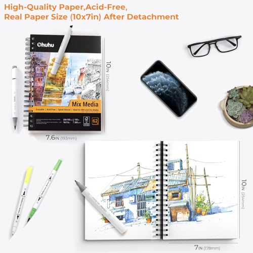 Ohuhu Mix Media Pad, 7" x 10" Mixed Media Art Sketchbook, 120 LB/200 GSM Heavyweight Papers, 62 Sheets/124 Pages, Spiral Bound Mixed Media Paper Pad for Acrylic, Painting Christmas Gift - size: 7" x 10"