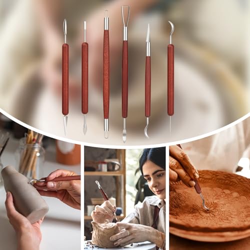 Amrules Clay Tools Kit, 6 PCS Red Wooden Clay Sculpting Tools, Double Head Practical Polymer Tool Set Suitable for Adults, Pottery Craft, Carving, Modeling and Shaping - color: Red-Sculpting-6Pcs