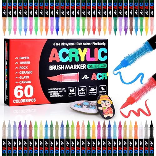 60 Colors Acrylic Markers, Soft Brush Tip Acrylic Paint Markers, Automatic Ink Control, Acrylic Paint Pens for Canvas, Rock Painting, Wood, Stone, Glass, Ceramic, DIY Crafts - color: 60 Colors