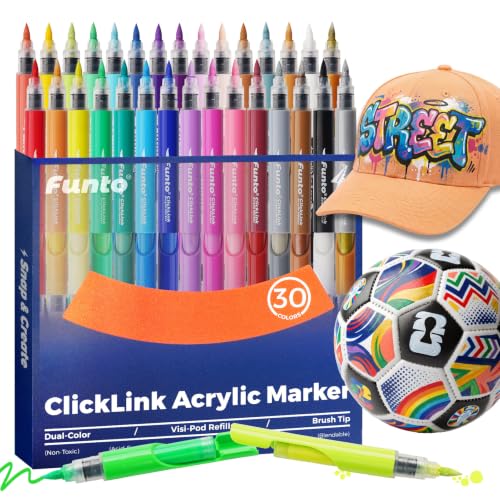 Funto ClickLink Refillable Acrylic Paint Markers, Brush Tip Paint Pens, Quick-Dry Acrylic Markers for Glass, Fabric,Soccer, Football, Wood, Window Art, Crafts & Event Decorations