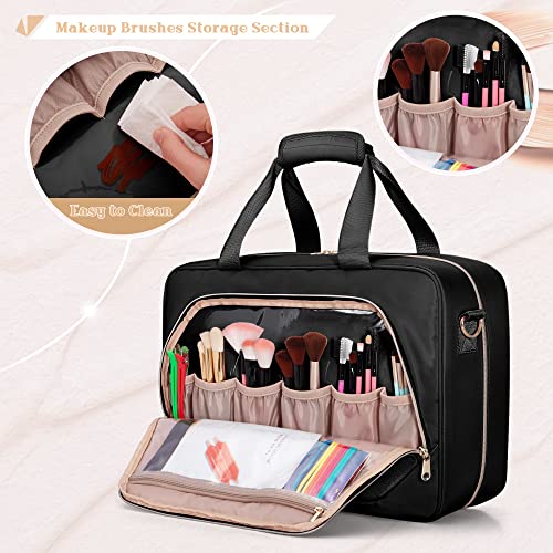 Professional Makeup Artist Travel Case with 4 Detachable Cosmetic Bags, Large Make up Organizer Bag with Makeup Kit Storage Section and Hair Tools Pocket, Black (Empty Bag Only) - color: Black