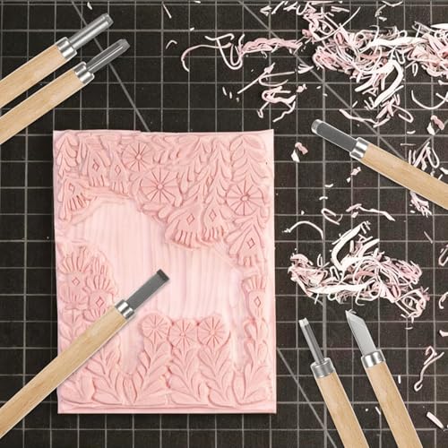 STARVAST 10PCS 4x6 Inch Linoleum Carving Blocks for Printmaking, Rubber Linocut Block Stamp Making Kit with Wood Carving Tools, Rubber Brayer Roller, Construction Platform, for DIY Crafts