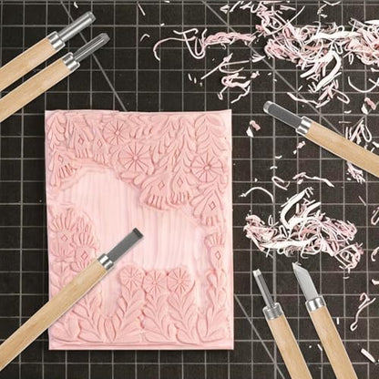 STARVAST 10PCS 4x6 Inch Linoleum Carving Blocks for Printmaking, Rubber Linocut Block Stamp Making Kit with Wood Carving Tools, Rubber Brayer Roller, Construction Platform, for DIY Crafts