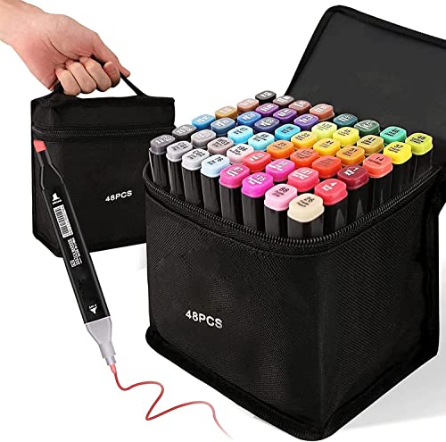 Kebuye 48 Colors Alcohol Markers Set, Dual Tips Blender Art Markers for Drawing Sketching Coloring Artist Pens and Underlining, Professional Permanent Sketch Marker for Kids adult coloring - style: Black-48PCS