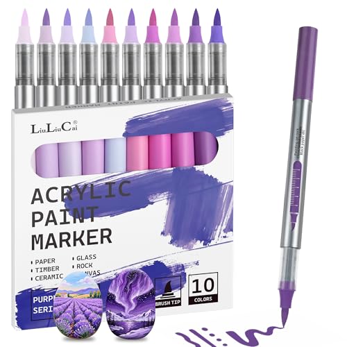 LIULIUCAI 10 Pcs Purple Tone Acrylic Markers Paint Pens, Water Based Acrylic Paint Pens for Rock Painting Egg Pumpkin, Brush Tip Art Markers for Adult Coloring Book Illustration Journal Calligraphy - color: 10 Purple