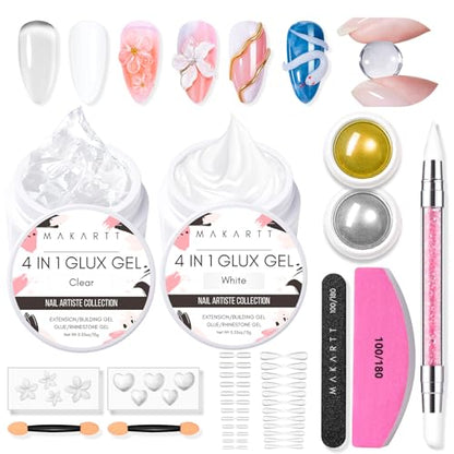 Makartt 3D Gel Nail Art for Nails Starter Kit: Clear and White 3D Sculpting Gel Non-Sticky Molding Carving Glue Extension Builder DIY Manicure Gold & Silver Chrome Powder Solid Soak Off Hard Gels - color: Clear & White Starter Kit