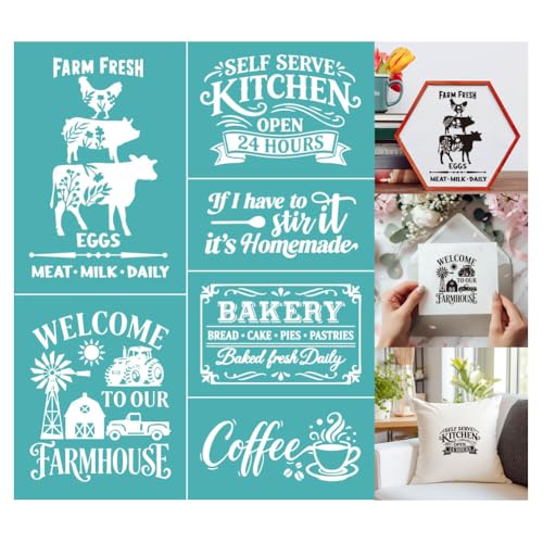 2 Pcs Farmhouse Kitchen Silk Screen Stencil, Vintage Phrases Self-Adhesive Reusable Silk Screen Printing Stencils Template for Painting on on Wood, Fabric, Coffee Bar Decor & DIY Crafts - style: Farmhouse Kitchen