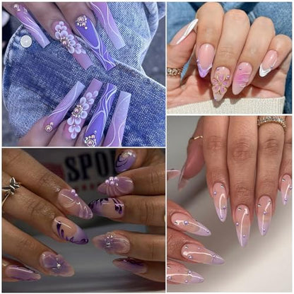 Nail Art Pearls with Rhinestones Glue Gel Flatback Pearls Nail Charms Luxurious Nails Supplies Accessories Gold Silver Gems Jewelry Pearl for Women Nails Design(Purple) - color: Colorful-16