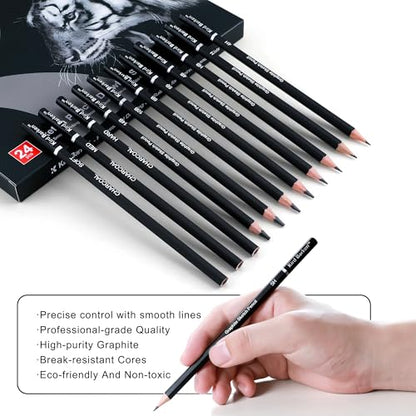 24PCS Professional Sketch Pencil Set – 5H to 14B Pencils, Charcoal Pencils, Art Supplies Kit with Erasers, Sharpener, Knife – Ideal Gift for Artists, Students, Kids, Beginners