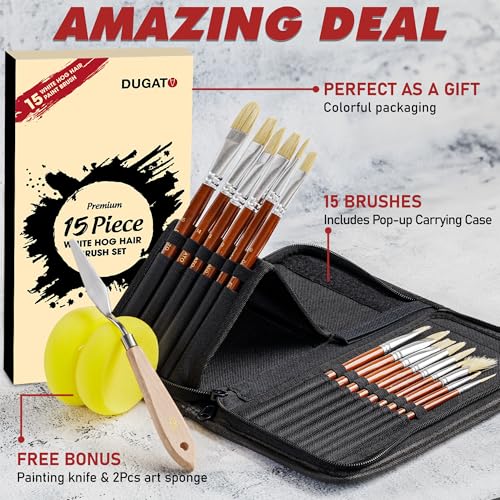 DUGATO Paint Brush Set 15 pc with Pop-Up Case, Palette Knife & Sponges | Short Handle Hog Bristle Brushes for Oil, Acrylic, Gouache, Watercolor, Model & Craft, Includes Mixing Knife & Sponge - color: White Hog Hair - 15pcs