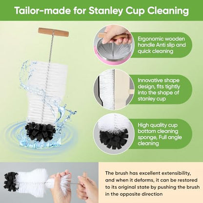 3 PCS Bottle Clean Brush Set, Long Wooden Handle Bottle Cleaner Brush for Stanley Cup Tumblers, 3 in1 Cup Lid Cleaning Brush, Long Straw Brush,Water Bottle Clean Brush Kit for Bottle Cups Coffee Mugs