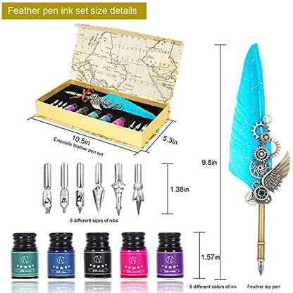 NC Quill Pen Ink Set Includes 5 Bottles of Ink and 6 Replaceable Stainless Steel Nibs, Feather Pen for Writing, Signing Invitations Etc. (Sky Blue) - color: Sky Blue