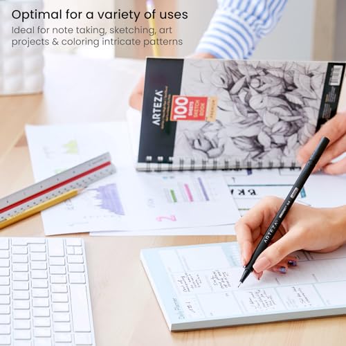 ARTEZA Black Inkonic Fineliners Pens, Set of 12, 0.4 mm Fine Tip Markers, Water-Based Art Pens for Drawing, Sketching, Journaling, Calligraphy - size: 1 Count (Pack of 12)