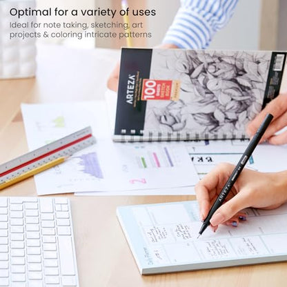 ARTEZA Black Inkonic Fineliners Pens, Set of 12, 0.4 mm Fine Tip Markers, Water-Based Art Pens for Drawing, Sketching, Journaling, Calligraphy - size: 1 Count (Pack of 12)
