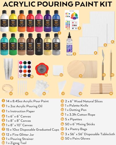 Nicpro 14 Colors 8.45oz Acrylic Pour Paint Supplies Kit, Large Volume Premixed High Flow Painting Bulk Set with Canvas, Wood Natural Slices, Pouring Oil, Tools Gloves, Strainer, Cups for Beginner DIY - color: 14 Colors
