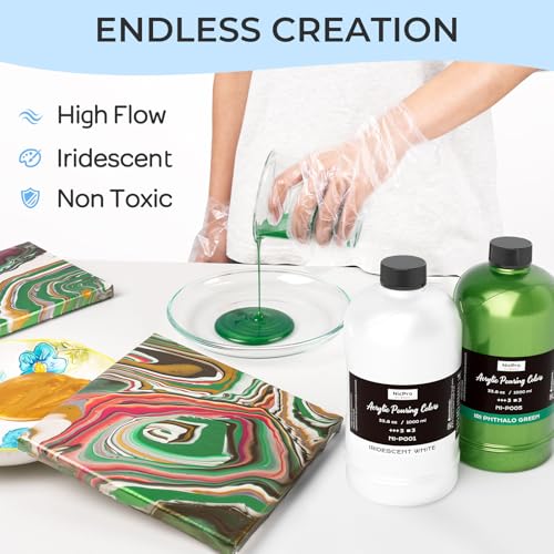 Nicpro 8 Colors 33.8 oz Large Bulk Iridescent Acrylic Pouring Paint Supplies Kit, Premixed High Flow Art Pour Paint with Silicone Pour Oil, Gloves, Tablecloths for Beginner DIY, Ready to Pour - color: Iridescent Color