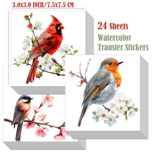 ZMRU 24 Sheets of Watercolor Style Rub on Transfers for Crafts - Perfect for Glass, Porcelain, Leather, Canvas, and Fabric Projects - IOD Transfers Included,3 * 3inch (Flowers Birds) - style: Flowers Birds