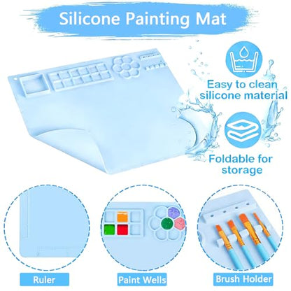 Elisel Painting Station,5 IN 1 Art Paint Supplies Kits,Paint Brush Cleaner (Upgraded),Silicone Painting Mat 12 Colors Paint Set,10 Paint Brushes,Painting Apron for Kids Artist Beginners (Blue, 5) - color: Blue