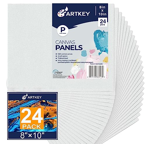 Artkey Canvases for Painting 8x10 Inch 24-Pack, 10 oz Primed 100% Cotton White Blank Flat Canvas Boards, Art Paint Canvas Panels for Acrylic Oil Watercolor Tempera Paints - size: 8"x10", style: 24-Pack