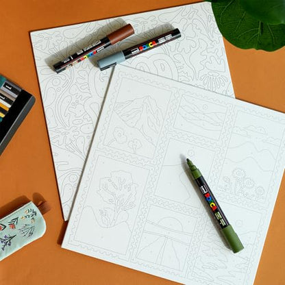 POSCA Canvas Paint by Number Kit, Boho - 8 Acrylic Markers with 2 Pre-Drawn Canvases - Gift Set for Artists, Adults and Kids - color: Boho