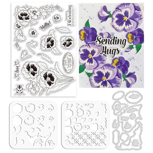 ORIGACH Realistic Pansy Stamps and Dies and Layering Coloring Stencil Set, Silicone Stamps Metal Die Cut and Flower Stencil Template for Card Making Scrapbooking DIY Crafting | Silicone Stamps Metal Die Cut and Flower Stencil Template for Card Making Scra