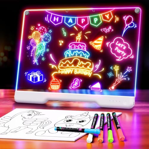 Geokay 16" Rechargeable LED Drawing Board, 9-Color Light Modes, Neon Art Dry Erase Light Up Doodle Glow Pad with Built-in Stand, Sketching Gift Toy for Kids/Girls/Teens, 7 Markers & Tracing Book - color: White Matte