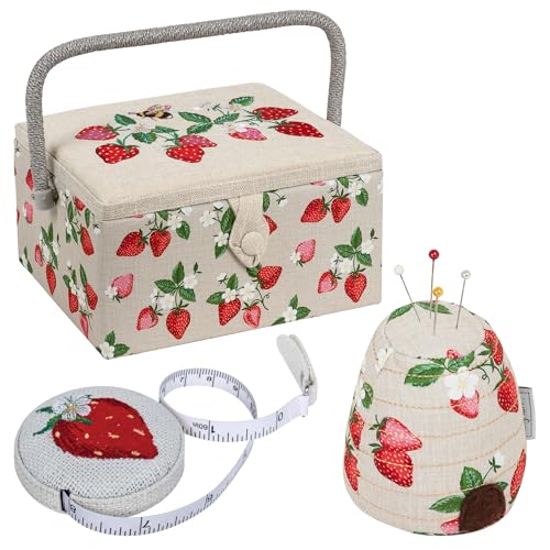 Hobby Gift Strawberry Sewing Box Gift Bundle with Matching 60 Inch Tape Measure and Pin Cushion Decorative Sewing Storage Set for Crafters Home Sewing and Thoughtful Gifts - color: Strawberry