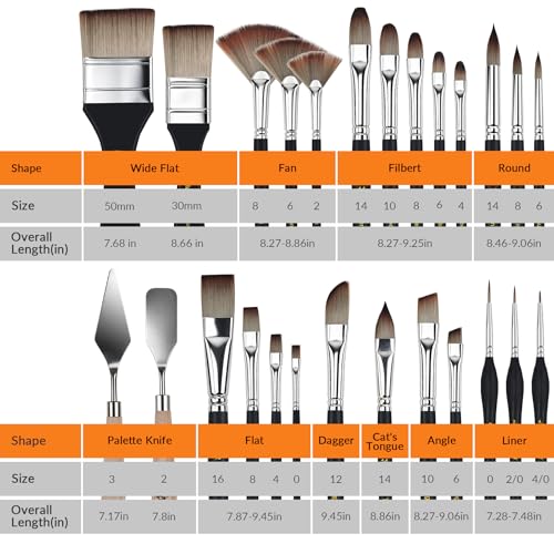 Bougimal 26pcs Paint Brush Set, Professional Acrylic Paint Brushes with Flat, Filbert, Fan, Dagger, Cat Tongue, Round, Palette Knife, Artist Paint Brushes for Acrylic Painting, Oil, Watercolor (Black) - color: Black