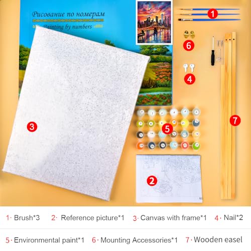 TUMOVO Paint by Numbers for Adults Colorful Cityscape Adults' Paint by Number Kits Brooklyn Bridge Sunset Landscape Art Painting Kits with Brushes Oil Painting Art Crafts Framed 16x20 in - color: Artwork-08-F