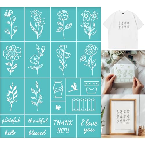 2 Sheets Plants Borders Silkscreen Stencil, Reusable Self-Adhesive Silk Screen Printing Wild Flower Pattern Plastic Mesh Bouquet Stencil for Painting on Wood Fabric DIY T-Shirt - style: Simple Flower