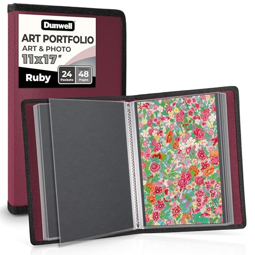 Dunwell 11x17 Art Portfolio Binder with Black Mounting Paper (Ruby), Large Portfolio Folder for Artwork Storage, 24 Clear Plastic Sleeves, Displays 48 Pages, Acid-Free Poly 11 x 17 Presentation Book - color: Ruby, size: 11x17" w/ BLK Paper