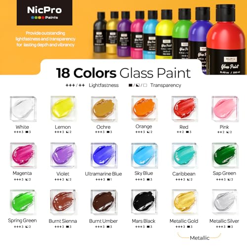 Nicpro 18 Colors Acrylic Glass Paint Set (8.45 oz, 250 ml) Large Bulk Enamel & Ceramic Painting Supplies Kit for Wine Bottle Glass Jars Windows with Sponge & Art Knife, Opaque Gloss Finish - size: 8.45 Fl Oz (Pack of 18)