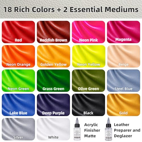 Acrylic Leather Paint Set, 18 Colors Acrylic Leather Dye Kit with Deglazer and Finisher, Sneaker Paints for Shoes, Bags, Couches, Sofa, Jackets, and DIY Crafts