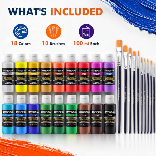 GOTIDEAL Acrylic Paint Set, 18 Colors Outdoor Acrylic Paint (100m,3.4 oz) | with 10 Brushes, Non-Toxic Waterproof Art Paints for Canvas, Wood, Rocks, Craft Supplies for Artists & Beginners