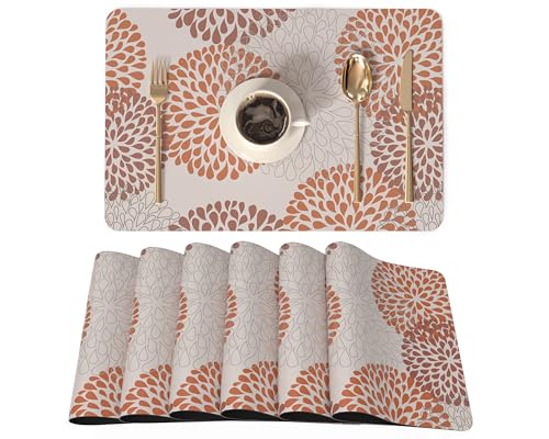 QiyI Placemats Set of 6, 12x18 Inch Faux Leather Place Mats for Kitchen Dinning, Heat Resistant Anti Slip Floral Table Mats, Waterproof Wipeable Washable Placemat Thanksgiving Table Décor, Brown - color: Brown Floral Burst, size: Set of 6