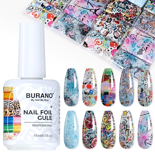 BURANO Nail Art Nail Foil Glue Gel, o.5 oz with 10PCS Foil Stickers Set Nail Foil Glue for Nails Foil Transfer Gel, Nail Design DIY UV LED Lamp Required (Design Foil 17) - color: Design Foil 17