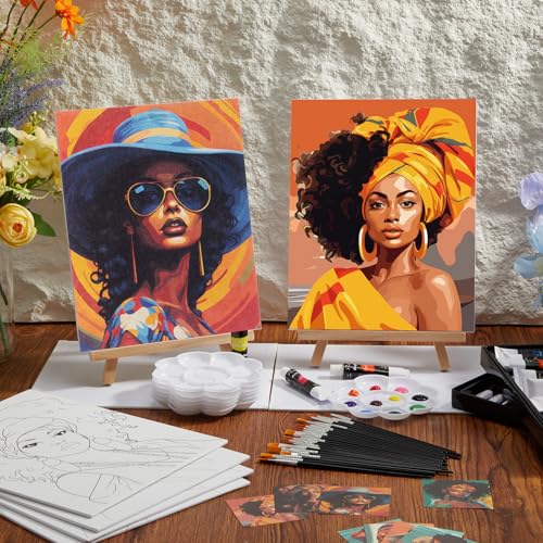 Cholemy 36 Pcs Paint and Sip Kit for Adults 8''x10'' Pre Drawn Canvas for Painting DIY Afro Acrylic Painting Kit Wood Easel Brushes Date Night Bulk for Summer 4th of July Party Gift(African Women) - style: African Women