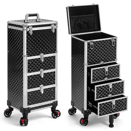 Rolling Makeup Train Case with 3 Drawers, Nail Trolley Cart Salon Station Cosmetology Case on Wheels Organizer Cases for Nail Tech,SPA,Face Painting,Hairstylist,Makeup Artist (Silver & Black) - color: Silver & Black, size: 4 IN 1
