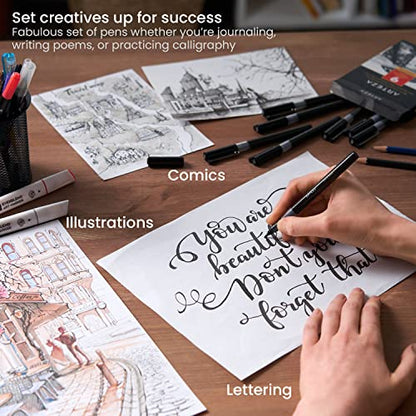 ARTEZA Micro-Line Ink Pens, Set of 9, Black Fineliners with Japanese Archival Ink, Art Supplies for Comic Artists and Illustrators - size: 1 Count (Pack of 9)