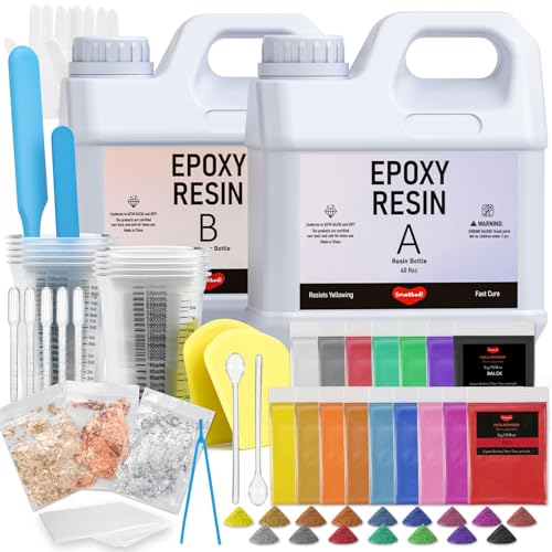 Smallbudi 80 Oz Epoxy Resin Kit with 16 Colors Mica Powder, Gold Foil, Cups & Stick, Crystal Clear Resin Beginner Supplies for Coating Casting Table, Molds, Jewelry Making, DIY Art Craft, 1:1 Ratio - size: 80 oz