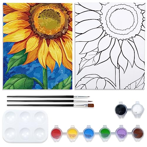 VOCHIC Pre Drawn Canvas Painting Kit for Painting for Adults Kids Party Kits Paint and Sip Party Supplies 12x16 Canvas Sunflower Art Set